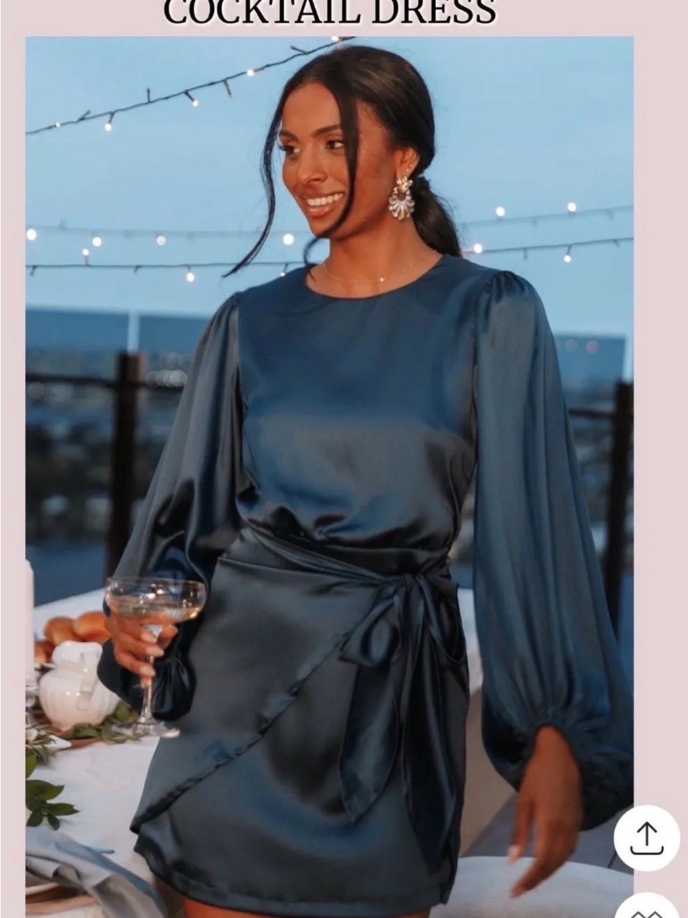 Petal & Pup Satin Long-Sleeve Cocktail Dress in Teal Blue